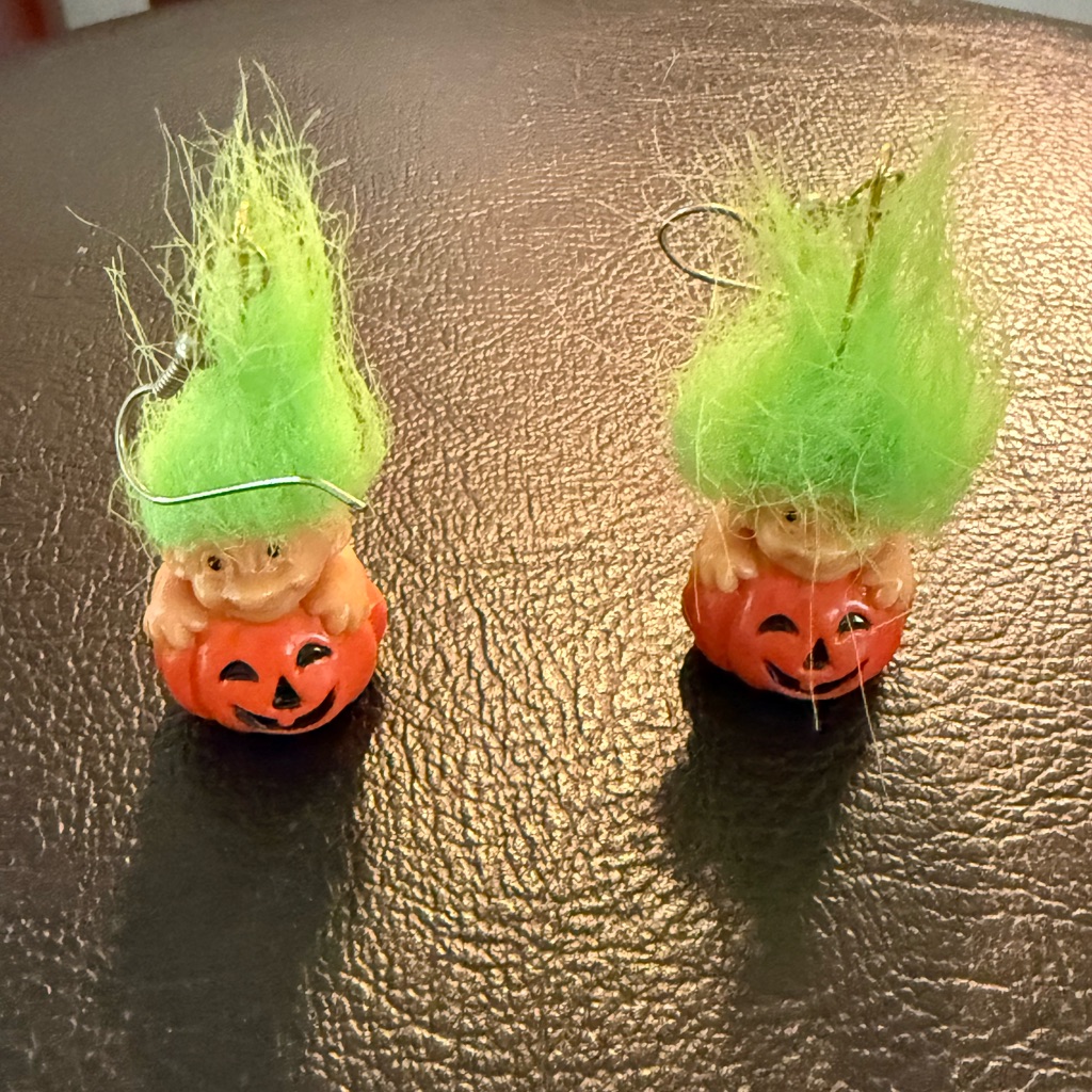 Vintage 80s Russ Halloween Troll Earrings With Green Hair